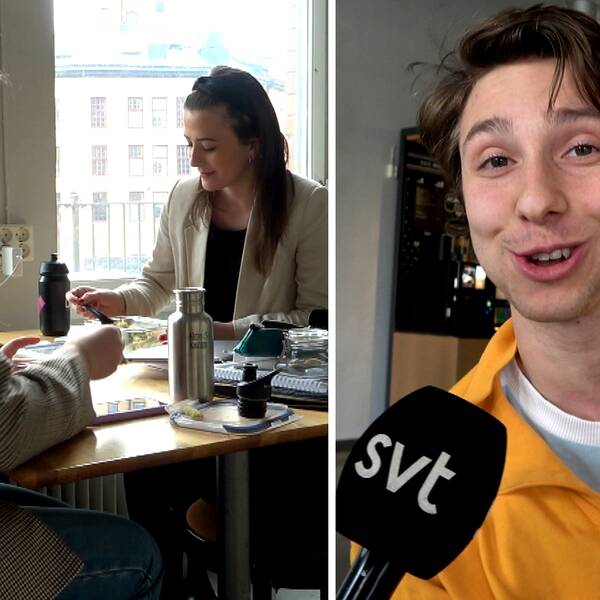 Hur sparar man pengar som student? Tvådelad bild, till vänster två unga kvinnor som sitter vid ett matbord, till höger en ung man som tittar in i kameran och har en SVT-mikrofon framför sig.
