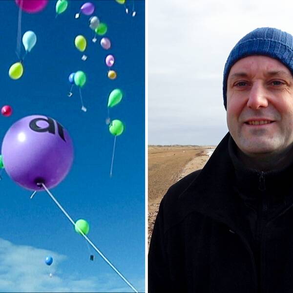 Ballonger i olika färger, miljöpartisten Martin Bagge på stranden.