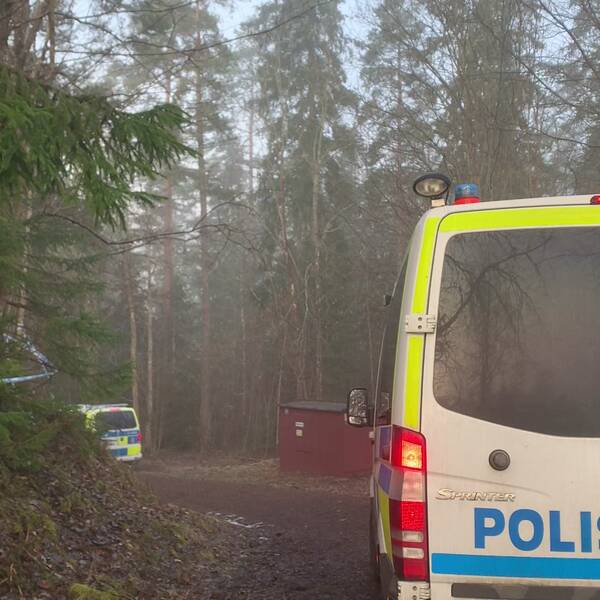 Polisbil i skogsområde i Taberg utanför Jönköping där en kvinna hittats död. Polisen misstänker att hon mördats.