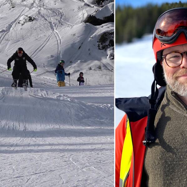 Delad bild. Till vänster en skidåkare hoppar i ett hopp. Till höger Kalle Persson, ordförande i Gällö SK. Han är klädd i orange jacka, grön tröja skidhjälm med skidglasögon. Han har glasögon och grått skägg.
