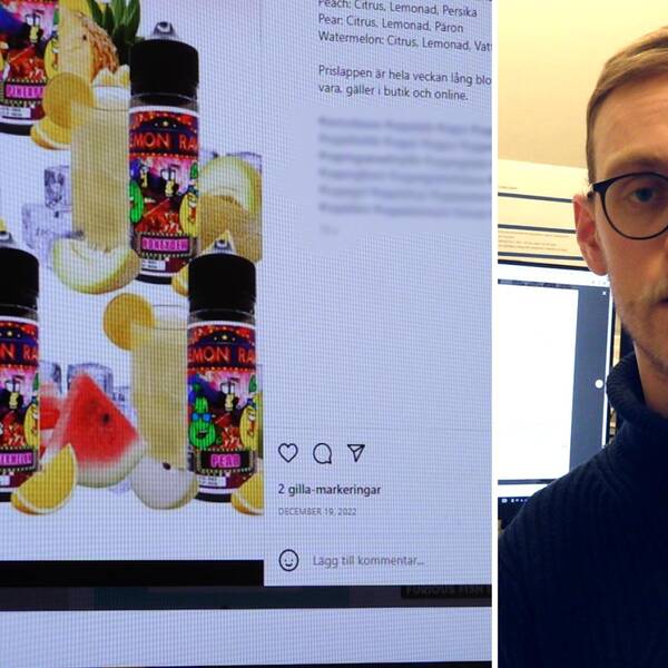 Tvådelad bild: E-vätskor syns med bilder på frukt i ett Instagraminlägg och SVT-reportern Anton Johansson fotograferad i porträtt.