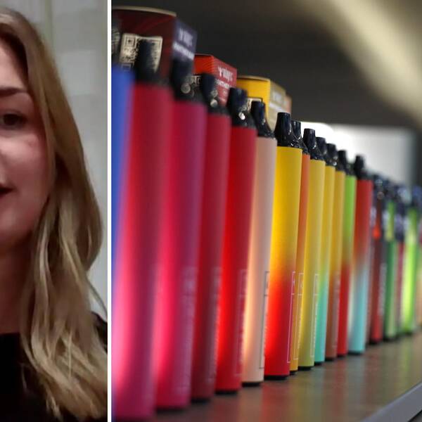 Tvådelad bild: Josefin Holmberg, jurist på Konsumentverket och e-cigaretter i olika färger uppradade i en butik.