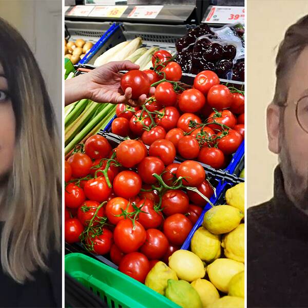 Bild på Dadgostar och Demirok samt på en man som tittar på grönsaker i en livsmedelsbutik.