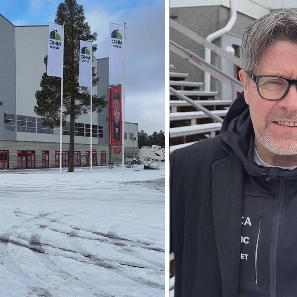 Till vänster ser man AHC arenan i Timrå och till höger kan man ser Ante Karlsson med ett leende på läpparna. 