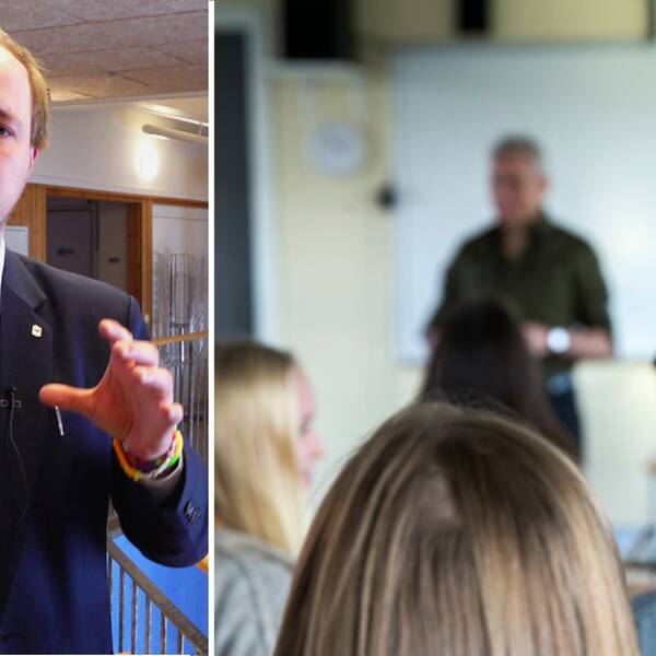 Martin Östling, rektor på Gränsälvsgymnasiet i Övertorneå, och en elev som räcker upp handen i klassrummet.