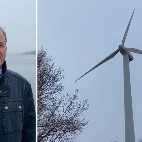 Bild på man på Borgmästarekajen i Karlskrona. Mannen heter Ulf Hansson och är klimat- och energistrateg på länsstyrelsen. Samt bild på vindkraftverk.