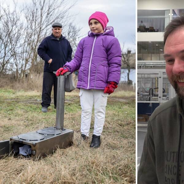 Två delad bild på en ukrainsk flicka med lila jacka som håller på en Svetsad kamin, och en bild på Björn Särnerblom, en man med skägg och yvigt hår.