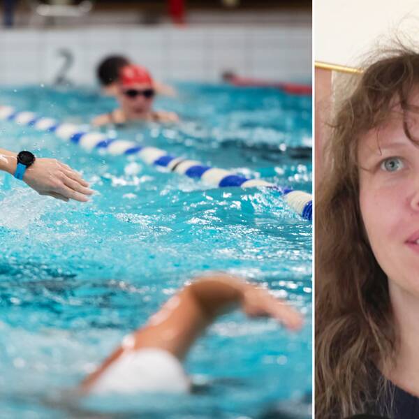 Några personer simmar i en simhall. Porträttbild på Evelina Rydeker (MP), ordförande kultur-och fritidsnämnden i Luleå.