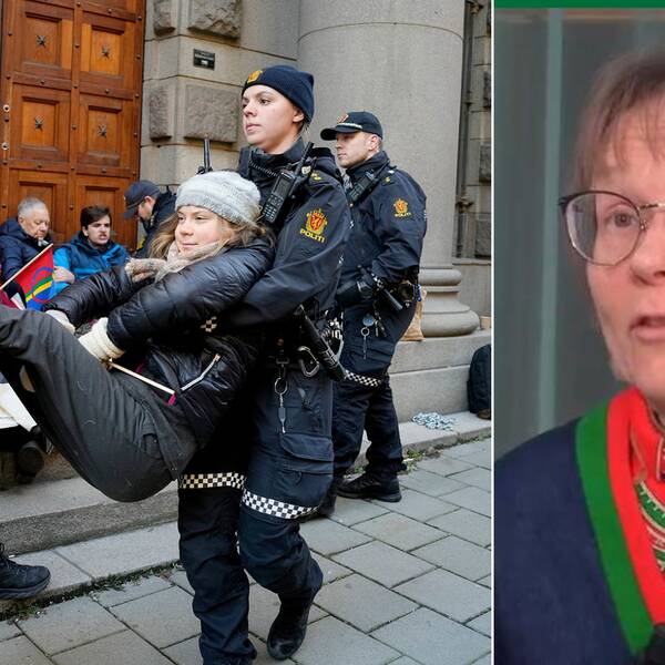 Till vänster demonstation mot vindkraftverken i Fosen utanför norska Stortinget, där Greta Thunberg bärs bort. Till höger samepolitikern Marita Stinnerbom i Vilhelmina.