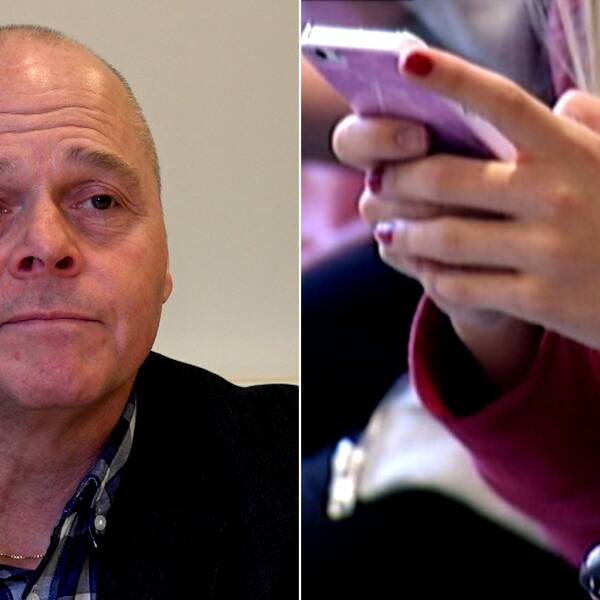 Polisinspektören Stefan Adamsson till vänster om bilden, en ung tjej håller i en telefon till höger.
