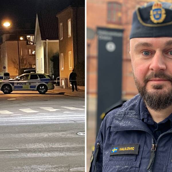 Tvådelad bild: En gata med en avspärrning och en polisbil samt en polis som står och bevakar, samt kommunpolisen Erwin Halilovic i polisuniform.