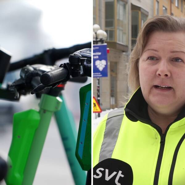 Elsparkcyklar i ett montage med en Carola Jonsson med gul varseljacka