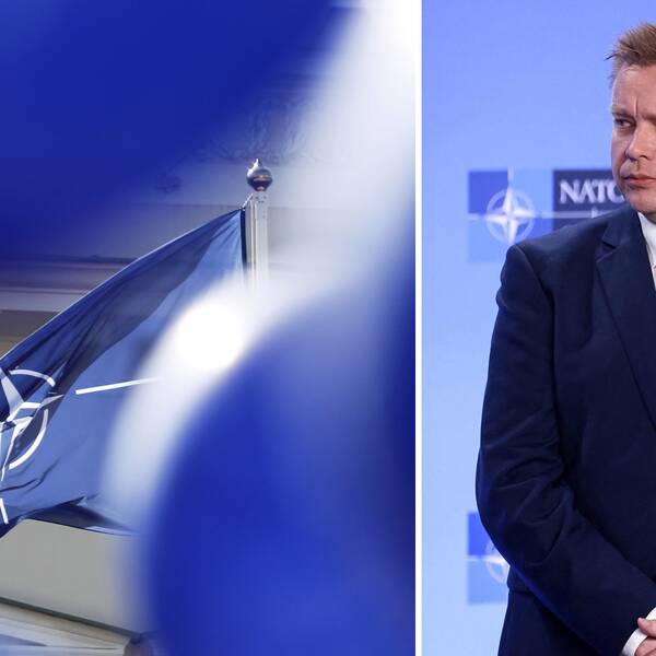 Natos flagga. Till höger bild på Finlands försvarsminister Antti Kaikkonen.