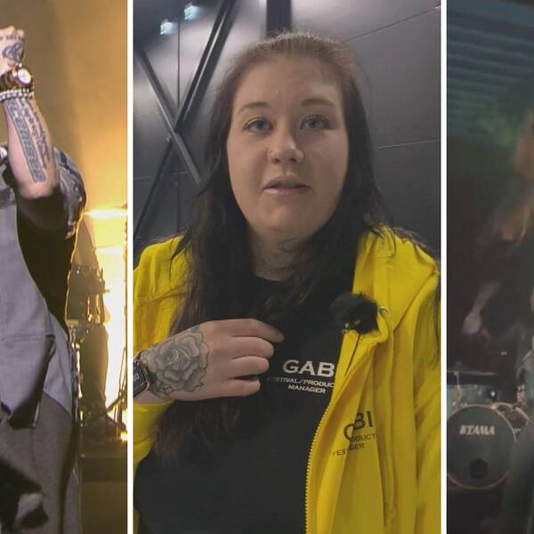 Lillasyster och Hardcore Superstars i tredelad bild med festivalarrangören Gabi Mattsson i mitten.