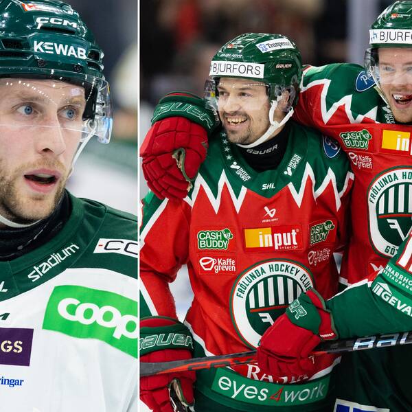 Frölunda jublar, medan Färjestads Per Åslund deppar.