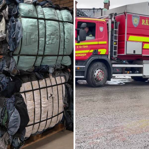 Bilden är ett montage. Till vänster i bild syns kläder i stora högar. Till höger syns en brandbil.