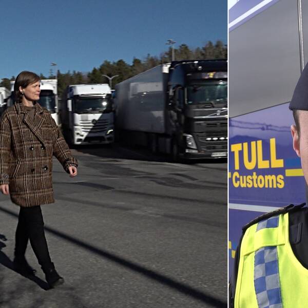 Till vänster Cecilia Nilsson som går på en parkering med lastbilar, till höger en Tulltjänsteman iförd tullkläder.