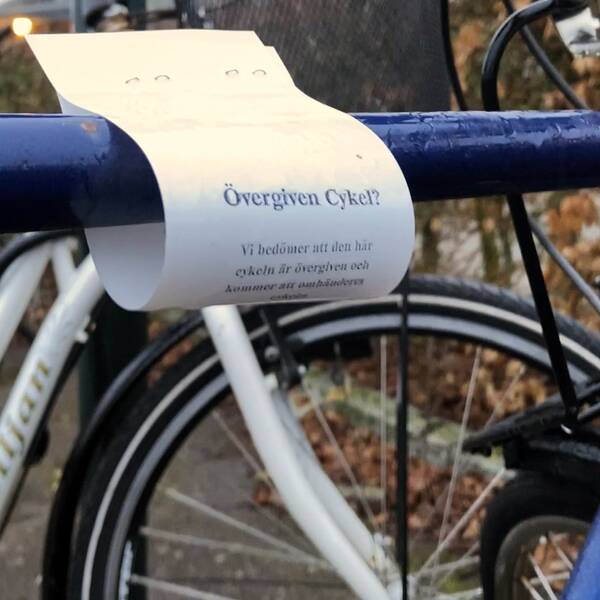 En cykel med en lapp runt ramen. På lappen har Gatukontoret i Falkenberg skrivit att cykeln bedöms vara övergiven och att den kan komma att forslas bort.