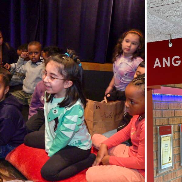 Barn sitter på golvet, deld bild med en skylt ”Angereds bio”