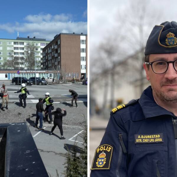 Splitbild: Till vänster, en bild på personer som deltog i upploppet i Rinkeby förra året, till höger en närbild på Anders Djurestad, biträdande polischef i Järva.