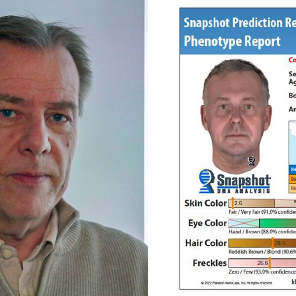 En man (polisen Mats Axelsson), delad bild med en fantombild över en man
