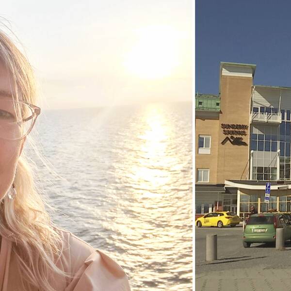 Bild på sjuksköterskan Cathrine Magnusson och Sunderby sjukhus exteriört.