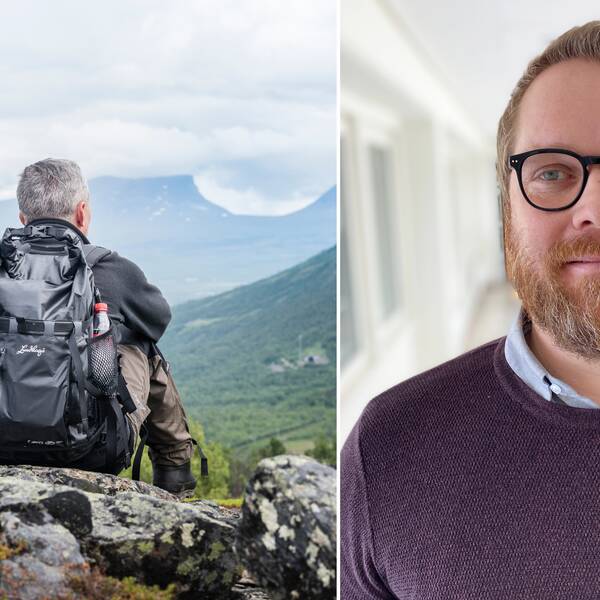 Två personer blickr ut över fjällvärlden samt porträtt på Region Norrbottens Jonas Sandberg.