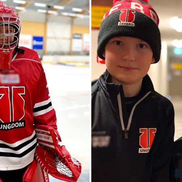 Ett barn iklädd ishockeyutrustning, står på en is. Två barn står i en korridor (Meija Nyman, William Jantzen och Alexander Carlsson)