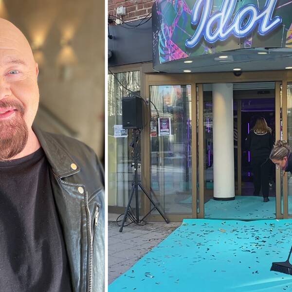 porträttbild av Anders Bagge – en leende medelålders man med rakat huvud, skägg och svart skinnjacka – samt bild på en tjej som sopar glitter från en turkos entré-matta, skylt med Idol ovanför.