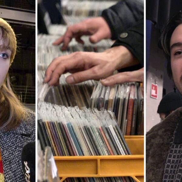 En kvinna och en man på bild, det är även en bild på backar med EP-skivor i och händer som bläddrar bland dessa.