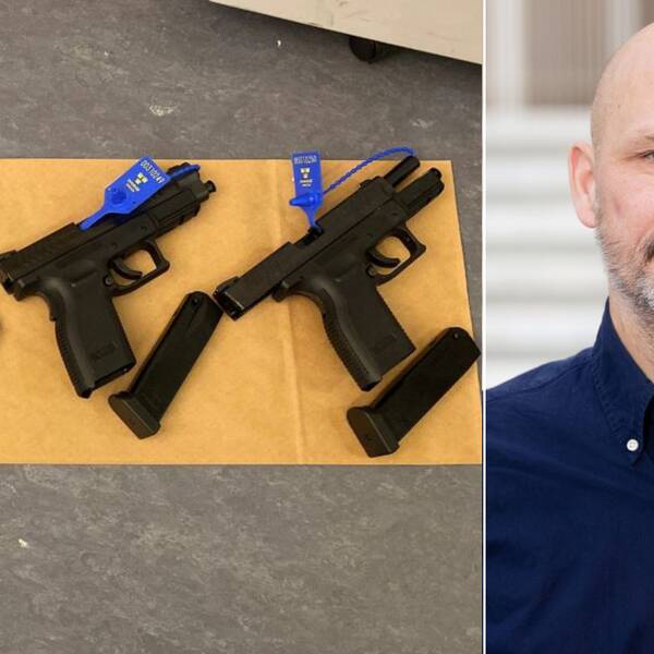 Till vänster tre av de pistoler som den belgiska kvinnan smugglade i underkälderna. Till höger Kristian Johansson, enhetschef vid tullkriminalen.