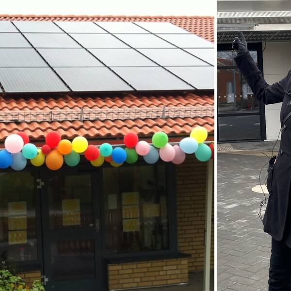 Gunilla Svensson är verksamhetschef på Kalmar kommun, på bilden synd hon på bild bredvid ett fotografi på byggnad med solceller på taket.