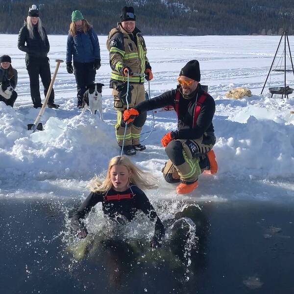 En elev från en skola i Åre kommun hoppar i en isvak på Åresjön.
