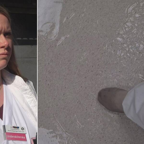 Skyddsombud Linn Eriksson till vänster, plaskande fot i vattenskadat golv till höger.