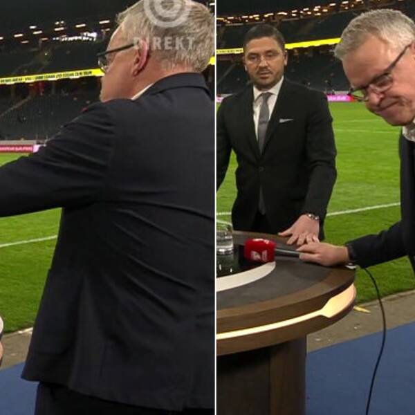 Här lämnar Janne Andersson intervjun med Viaplays expert Bojan Djordjic.