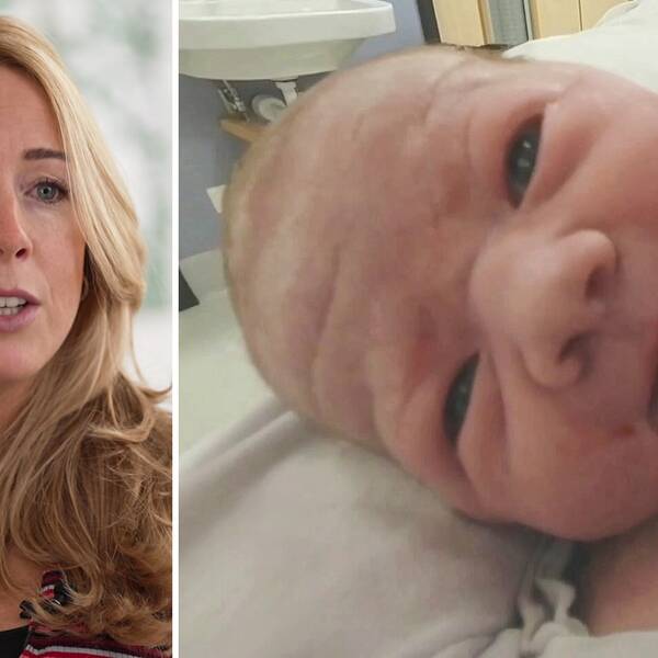 Till vänster en kvinna, Ebba Lagercrantz Hedbland. Till höger en nyfödd baby ligger på sin mammas bröst inne på förlossningsavdelningen. Bilden är tagen med en kamera som mamman haft på huvudet.