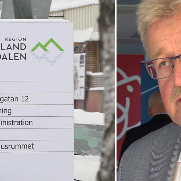 Delad bild. Till vänster en skylt där det står Region Jämtland Härjedalen, Ledning, administration.. Till höger Bengt Bergqvist (S), ordförande i regionstyrelsen. Han har grått hår, mustasch och stålbågade glasögon.