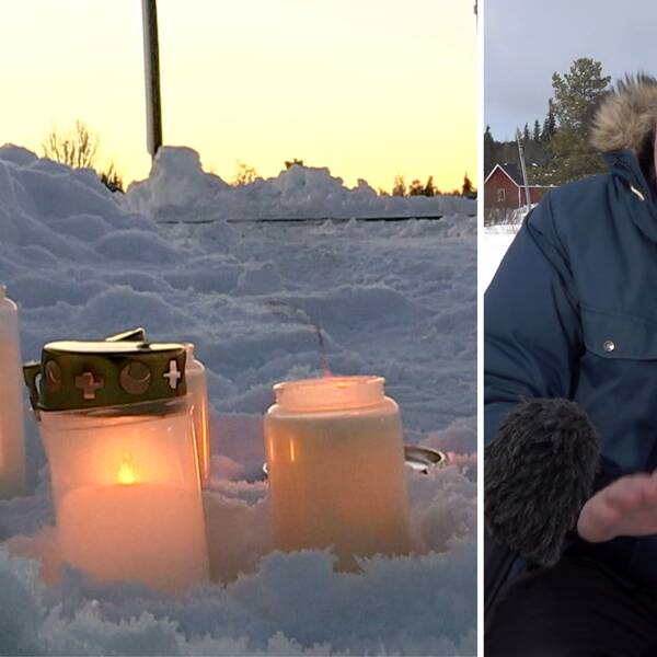 Till vänster en minnesplats där en skoterförare avlidit. Till höger Jan Lindgren sittandes på sin skoter om oron över utvecklingen.