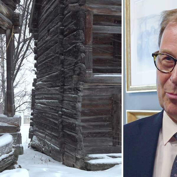 Delad bild. Till vänster gamla trähus på Jamtli en snöig dag. Till höger Olov Amelin, chef för Jamtli. Han har blont hår, ljust skägg, mörkbågade glasögon och han är klädd i mörkblå kavaj och vit skjorta.