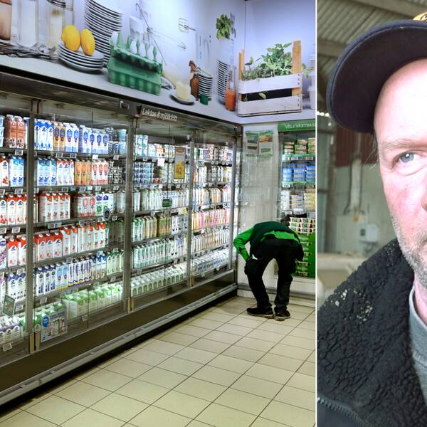 Till vänster: Bild på mejerigyllor i mataffär. Till höger bild på Göran Olofsson i keps, han han en allvarssam min.