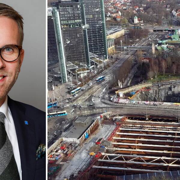 infrastruktur- och bostadsminister Andreas Carlson (KD) tittar in i kameran. Till höger i bild ser man Västlänken korsvägen.