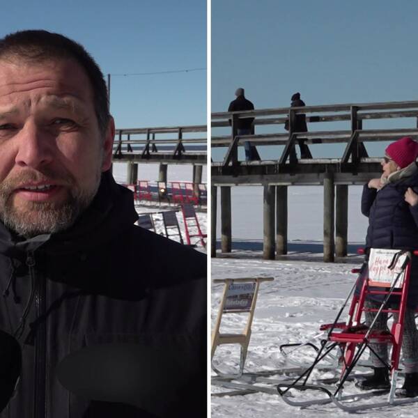 sparkar vid sjön Siljan i Rättvik, man som håller på att förklara något, och kvinna som gör sig redo för att använda en spark