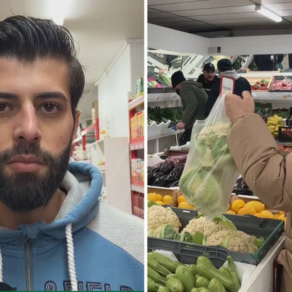 Tvådelad bild: Handlaren Mohammad Dasouki och en kvinna som handlar grönsaker i en affär.
