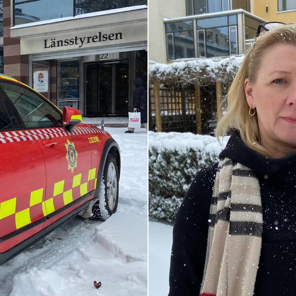 Röd bil märkt med Regional insatsledare framför entren till Länsstyrelsen i Örebro. Andra bild, länsrådet Anna Olofsson, utomhus i lätt snöfall.