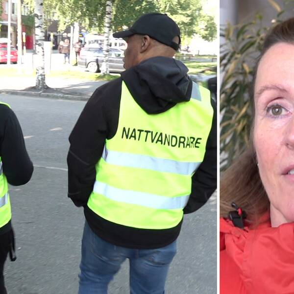 Två bilder: till vänster står två vuxna, en kvinna och en man, med ryggen mot kameran. De bär gula västar som det står Nattvandrare på. Till höger porträtt på en kvinna med röd jacka och uppsatt hår.