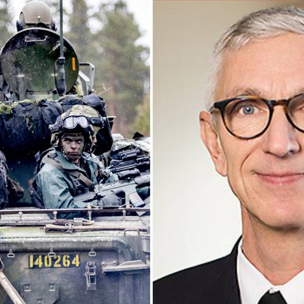 Tvådelad bild: Militärer sitter i en stridsvagn med automatvapen i händerna och Christer Mildenberger, utbildningshandläggare på Försvarshögskolan.
