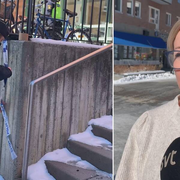 Delad bild. Till vänster en polis i uniform som sätter upp avspärrningsband utanför länsstyrelsen i Östersund. Till höger en blond kvinna med grå stickad tröja och glasögon. Det är Susanna Löfgren.