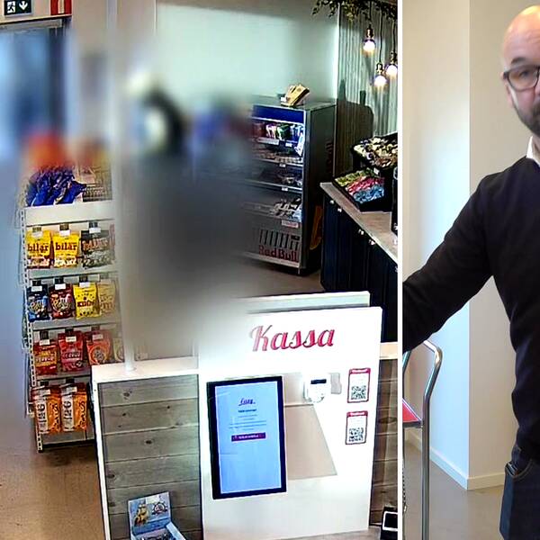 Tvådelad bild: En övervakningsfilm som visar en person som går ut från en affär och Claes Olsson, butiksägare till en obemannad affär vid Hede station i Kungsbacka.
