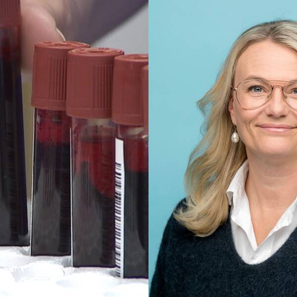 Till vänster, ett par provrör med blod, till höger, Lisa Jelf Eneqvist, Projektledare Organiserad prostatacancertestning.