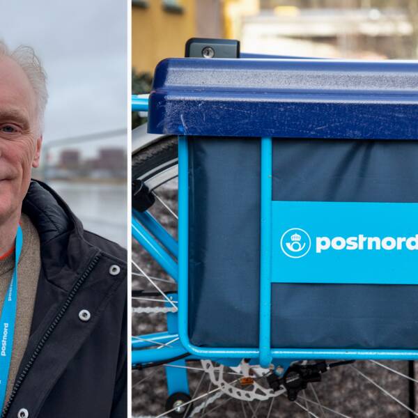 En man har ett postnord-nyckelband runt halsen, delad bild med en brevbärarcykel